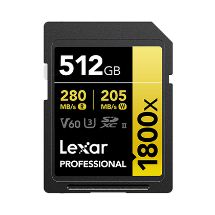 Lexar Gold Series 1800X 512GB Profoessional SDXC Card Memory UHS-II, U3 For Camera