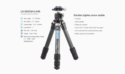 Leofoto LS-283CM Professional Carbon Fiber Tripod 35 Compact & Portable to Handle