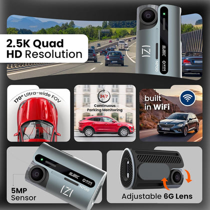 IZI N700 5 MP Car Dash Camera 2.5K, 170° FOV, Night Vision, WiFi Enabled, G-Sensor & Emergency Video Recording, 512GB SD Card Supported, 24/7 Parking Monitoring, Easy Installation Multiple Modes