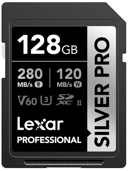 Lexar Professional 128GB Silver Pro SDXC UHS-II Memory Card C10, U3, V60 Upto 280MB/s Read SD Card