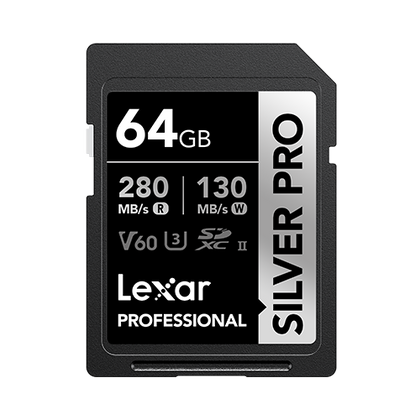 Lexar Professional 64GB Silver Pro SDXC UHS-II Memory Card C10, U3, V60 Upto 280MB/s Read SD Card